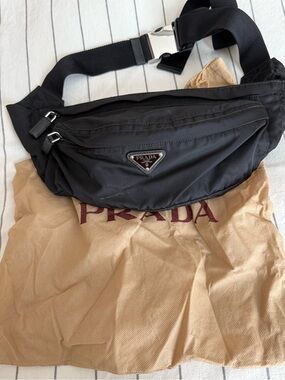 Prada Black Nylon Belt Bag with Silver Buckle